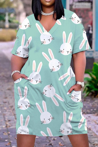 Light Green Casual Print Patchwork V Neck Straight Dresses