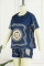 The cowboy blue Casual Print Patchwork O Neck Short Sleeve Two Pieces