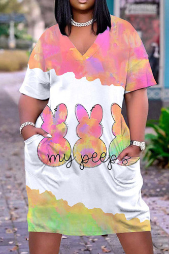 Pink Green Casual Print Patchwork V Neck Straight Dresses