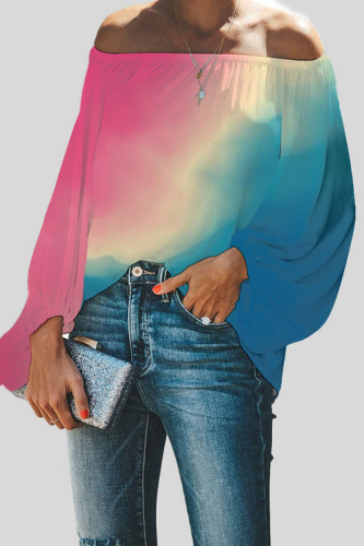 Powder Blue Casual Gradual Change Print Patchwork Off the Shoulder Tops