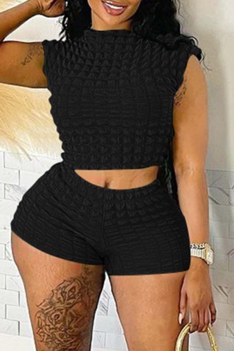 Black Casual Solid Basic O Neck Sleeveless Two Pieces