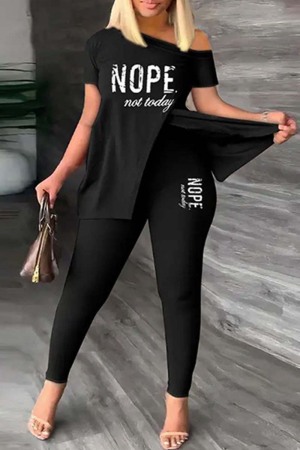 Black Casual Print Patchwork Slit Oblique Collar Long Sleeve Two Pieces