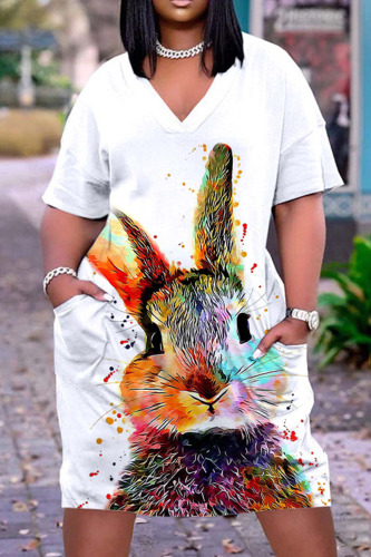 White Casual Print Patchwork V Neck Straight Dresses