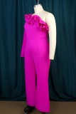 Rose Red Casual Solid Patchwork Backless Oblique Collar Plus Size Jumpsuits