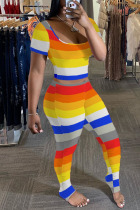 Yellow Sexy Striped Print Patchwork U Neck Short Sleeve Two Pieces