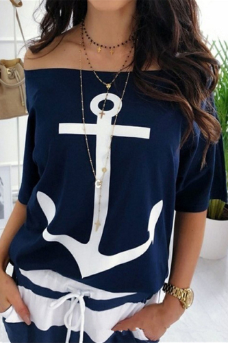 Tibetan Blue Casual Street Print Patchwork Off the Shoulder T-Shirts