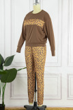 Orange Casual Print Leopard Patchwork O Neck Long Sleeve Two Pieces