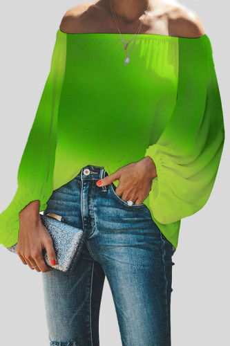 Green Casual Gradual Change Print Patchwork Off the Shoulder Tops