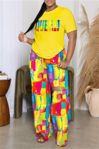 Yellow Casual Basis Print Ripped Basic Printing Contrast O Neck Short Sleeve Two Pieces