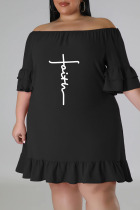 Black Casual Print Patchwork Flounce Off the Shoulder Plus Size Dresses