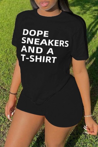 Black Casual Letter Print Basic O Neck Short Sleeve Two Pieces