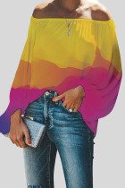 Yellow Purple Casual Gradual Change Print Patchwork Off the Shoulder Tops