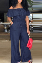Dark Blue Sexy Solid Flounce Off the Shoulder Loose Jumpsuits