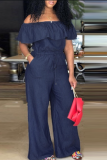 Lake Blue Sexy Solid Flounce Off the Shoulder Loose Jumpsuits