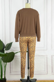 Brown Casual Print Leopard Patchwork O Neck Long Sleeve Two Pieces