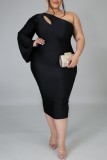Black Sexy Casual Solid Hollowed Out Backless Oblique Collar Long Sleeve Plus Size Dresses