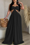 Black Sexy Solid Patchwork Backless Halter Straight Jumpsuits