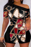 Burgundy Sexy Casual Print Patchwork One Shoulder Short Sleeve Two Pieces