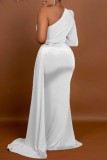 White Sexy Formal Solid Patchwork Oblique Collar Evening Dress (Without Belt)