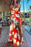 Yellow Sexy Print Patchwork Slit V Neck Printed Dress Dresses(Without underwear)
