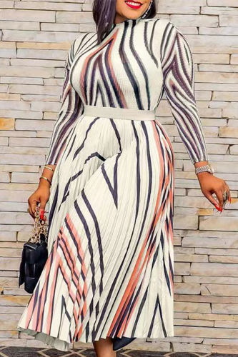 White Casual Striped Patchwork O Neck Waist Skirt Dresses