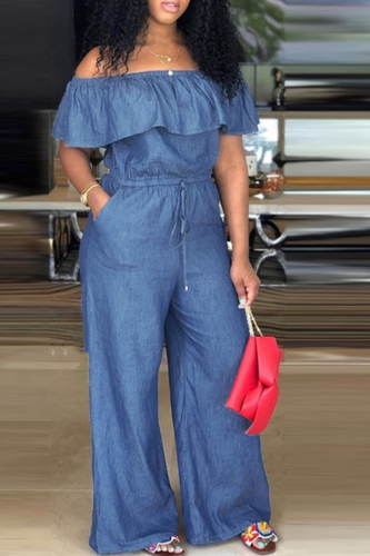 Sky Blue Sexy Solid Flounce Off the Shoulder Loose Jumpsuits
