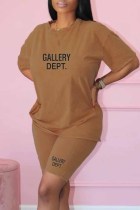 Khaki Casual Print Letter O Neck Short Sleeve Two Pieces