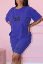 Blue Casual Print Letter O Neck Short Sleeve Two Pieces