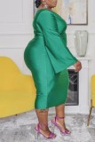 Green Sexy Casual Solid Hollowed Out Backless Oblique Collar Long Sleeve Plus Size Dresses