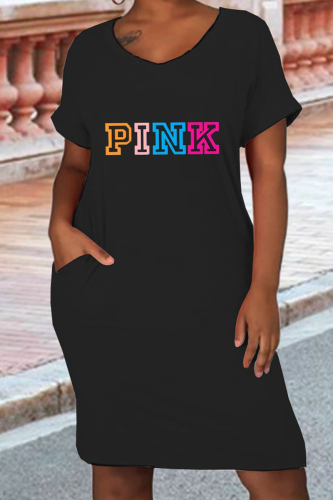 Blue Black Casual Letter Print Basic O Neck Short Sleeve Dress Plus Size Dresses