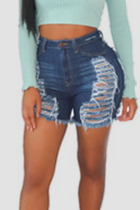Deep Blue Sexy Street Solid Ripped Make Old Patchwork High Waist Denim Shorts