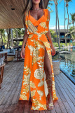 Yellow Sexy Print Patchwork Slit V Neck Printed Dress Dresses(Without underwear)