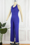 Blue Sexy Solid Patchwork Backless Halter Straight Jumpsuits