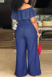Dark Blue Sexy Solid Flounce Off the Shoulder Loose Jumpsuits