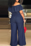 Dark Blue Sexy Solid Flounce Off the Shoulder Loose Jumpsuits