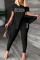Black Silver Casual Print Patchwork Slit Oblique Collar Long Sleeve Two Pieces