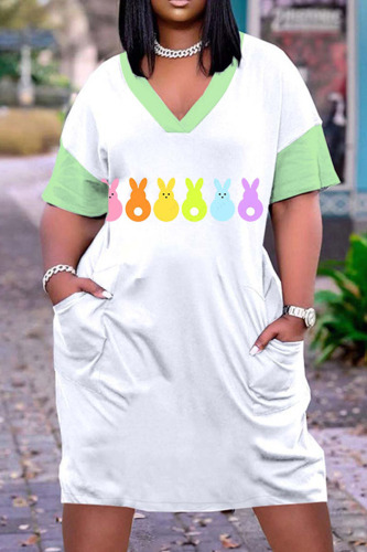 Mint green Casual Print Patchwork V Neck Straight Dresses