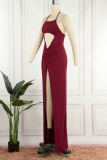 Red Sexy Solid Bandage Hollowed Out Backless Slit Halter Long Dress Dresses