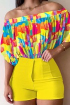 Yellow Casual Print Basic Off the Shoulder Half Sleeve Two Pieces