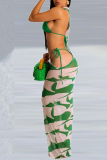 Green Sexy Print Hollowed Out Sleeveless Three Pieces