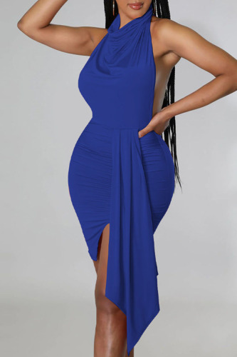 Colorful Blue Sexy Solid Patchwork Backless Asymmetrical Halter Irregular Dress Dresses