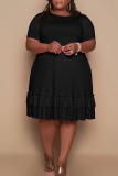 Black Casual Solid Patchwork Flounce O Neck Straight Plus Size Dresses