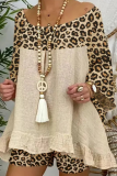 White Casual Street Leopard Patchwork Flounce O Neck Three Quarter Two Pieces