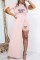 Light Pink Sexy Print Slit O Neck Short Sleeve Two Pieces