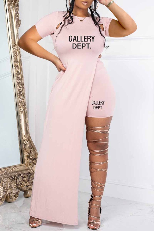 Light Pink Sexy Print Slit O Neck Short Sleeve Two Pieces