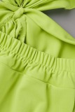 Green Casual Solid Backless V Neck Regular Jumpsuits
