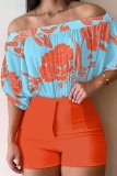 Red Casual Print Basic Off the Shoulder Half Sleeve Two Pieces