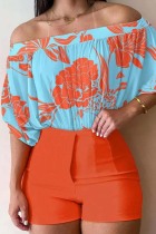 Orange Casual Print Basic Off the Shoulder Half Sleeve Two Pieces