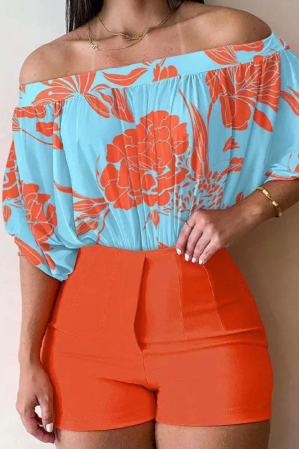 Orange Casual Print Basic Off the Shoulder Half Sleeve Two Pieces