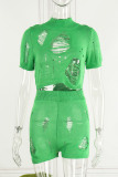 Green Casual Solid Ripped Hollowed Out See-through Turtleneck Short Sleeve Two Pieces